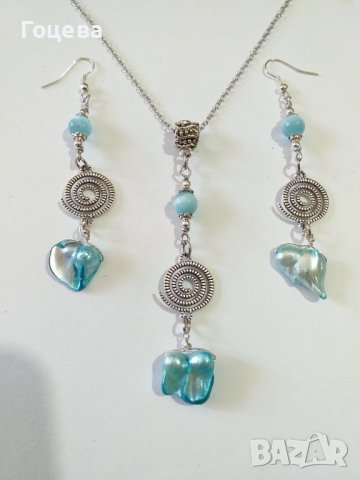 Красив комплект бижута със сини речни перли и камъни Хризоберил с орнаменти в цвят Сребро , снимка 4 - Бижутерийни комплекти - 37427131