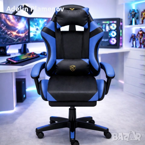 Ергономичен геймърски стол с масажна функция и поставка за крака – черно-син, снимка 4 - Столове - 53483816