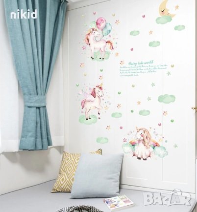 Unicorn Еднорог детски еднорози с балони самозалепващ стикер лепенка за стена и мебел детска стая , снимка 2 - Други - 26555574