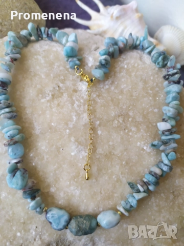 Комплект колие и пръстен от естествен Ларимар, снимка 3 - Колиета, медальони, синджири - 50701773