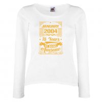 Дамска Тениска JANUARY 2004 18 YEARS BEING AWESOME Подарък,Ианенада,Празмик , снимка 4 - Тениски - 37080524