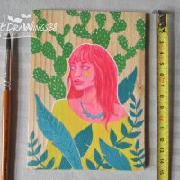 Мини-картина "Флора" / акрил върху дърво / момиче, кактус, цветно, снимка 2 - Картини - 28702719