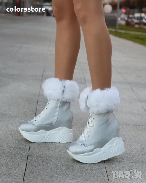 Боти на платформа - сребриста кожа с бяло ходило - BPH1, снимка 1