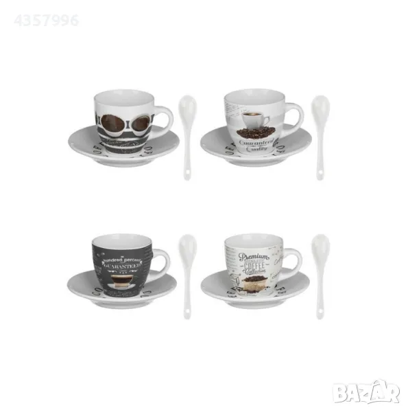 Комплект бели керамични чаши за кафе с различни дизайни, С чинийки и лъжички , снимка 1