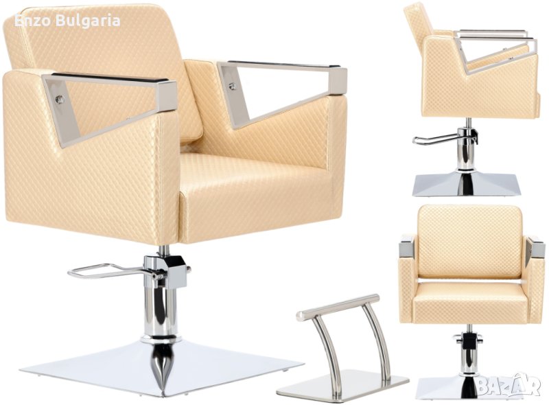 Хидравличен въртящ се фризьорски стол Tomas за фризьорски салон с поставка за крака 83030-GOLD-WHITE, снимка 1