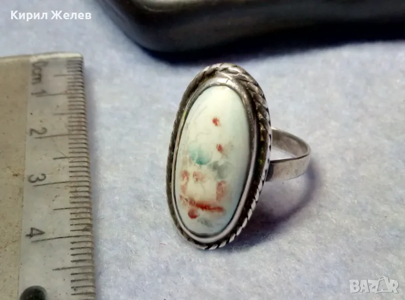 СТАРИНЕН РЕТРО АРТ СРЕБЪРЕН ПРЪСТЕН СРЕБРО ВИСОКА ПРОБА с РЪЧНО РИСУВАН БЯЛ ОПАЛ 30544, снимка 1