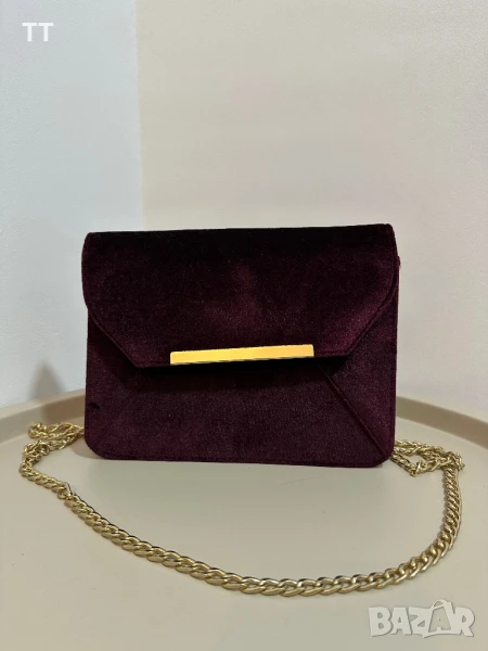 Велурена дамска чанта бордо, снимка 1