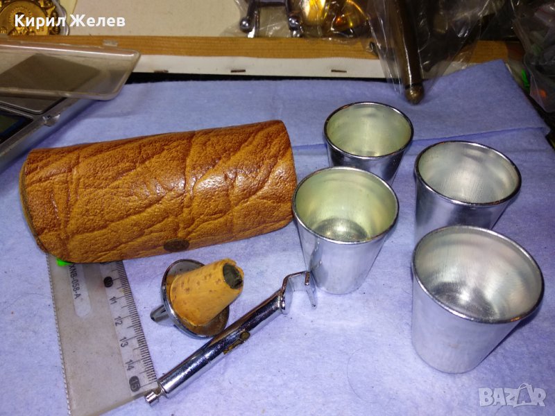 UNITRA cemi МАРКОВ ЛУКС КОМПЛЕКТ 4 ДЖОБНИ МЕТАЛНИ ЧАШКИ За АЛКОХОЛ в КОЖЕНО КАЛЪФЧЕ 41417, снимка 1