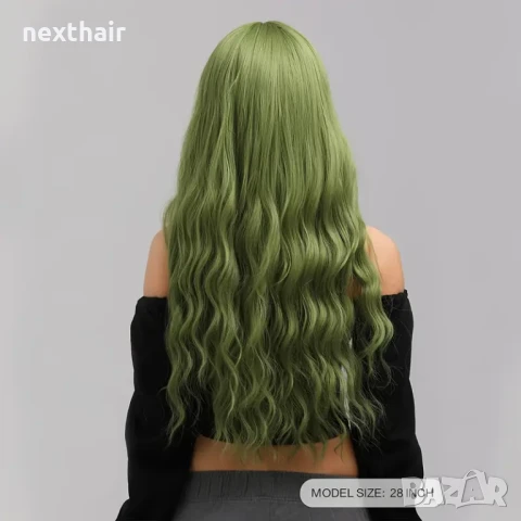 Зелена аниме къдрава перука с бретон, снимка 4 - Аксесоари за коса - 50479162