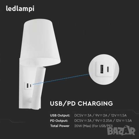 LED Аплик 2W С USB/PD Порт Бял Топло Бяла Светлина, снимка 2 - Лампи за стена - 25070377