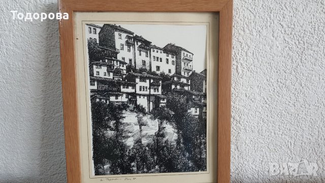 Стара авторска картина с туш, снимка 2 - Антикварни и старинни предмети - 27425343