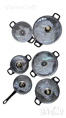 Комплект от 12 части съдове за готвене от неръждаема стомана със стъклени капаци, снимка 4 - Съдове за готвене - 44895248