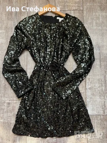 Wow блестяща нова  къса парти коктейлна официална тъмно маслено зелена еластична рокля пайети, снимка 4 - Рокли - 48144459