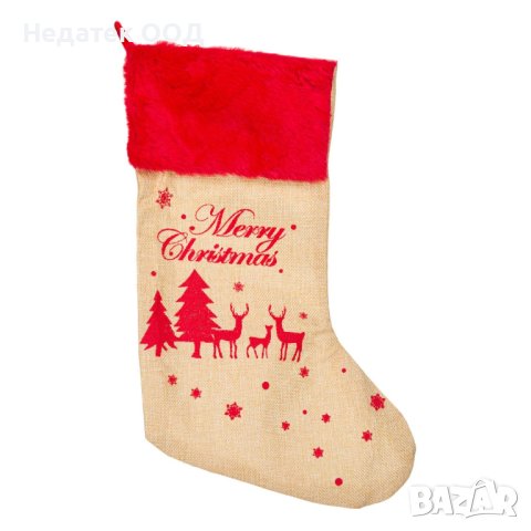 Коледен чорап,  Щампа на Елени и ела, бежово и червено 38см