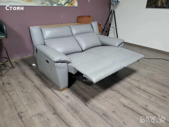 Сив кожен диван двойка с електрически релаксиращ механизъм, снимка 10 - Дивани и мека мебел - 50887020