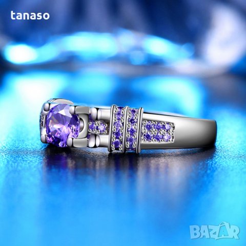 Пръстен с лилави циркони, посребрен, снимка 3 - Пръстени - 27312470
