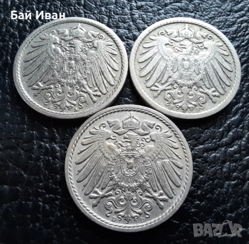 Стара монета 5 пфенига 1908 г. букви A , D и F - Германия -три разновидности !, снимка 9 - Нумизматика и бонистика - 39779148