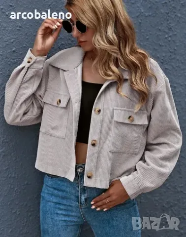 Дамско едноцветно яке от рипсено кадифе с яка и предни джобове, 8цвята, снимка 3 - Якета - 39113994