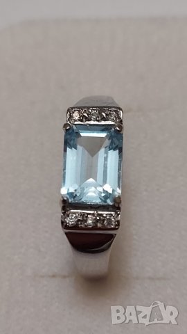 Златен пръстен с естествен аквамарин и брилянти, снимка 3 - Пръстени - 38118564