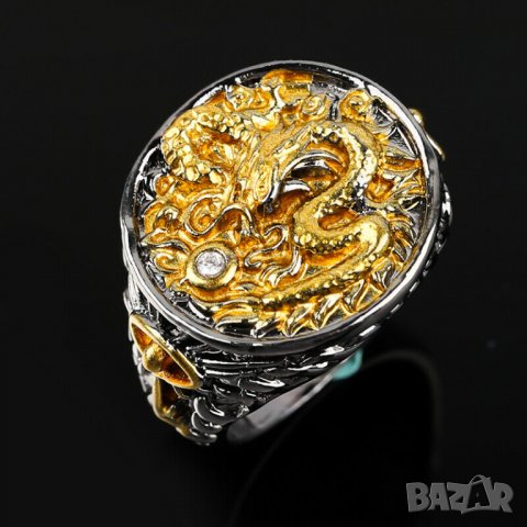 Мъжки черен пръстен с дракон и топаз, снимка 4 - Пръстени - 36674283