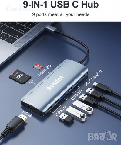 Acodot USB C хъб 9 в 1, HDMI, 3хUSB 3.0, 2хUSB 2.0, PD 100 W захранване, Micro SD / TF четец на карт, снимка 2 - Други - 35077725
