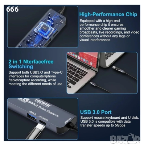 Flintronic USB 3.0 видео карта за заснемане със 100W PD, HDMI към USB-C 4K 1080P 60FPS, снимка 6 - Друга електроника - 53578979