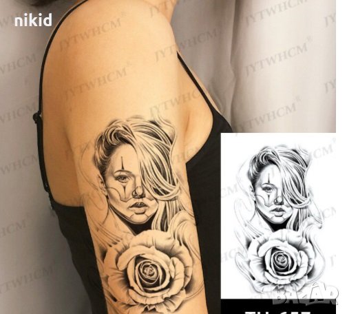 Жена с роза  Временни татоси tattoo татуйровка временна татуировка татос татус Tattoo, снимка 2 - Други - 33512576