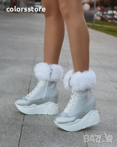 Боти на платформа - сребриста кожа с бяло ходило - BPH1