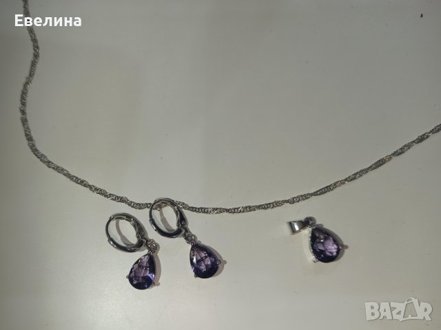 Дамски комплект синджирче, висулка и обеци с лилав кристал, нови, щампа 925, снимка 4 - Бижутерийни комплекти - 36939261