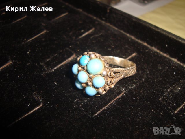 СТАРИНЕН СРЕБЪРЕН ТЮРКОАЗЕН ВЪЗРОЖДЕНСКИ ПРЪСТЕН ЕСТЕСТВЕН ТЮРКОАЗ СРЕБРО КУЮМДЖИЙСКА РАБОТА 22627, снимка 14 - Антикварни и старинни предмети - 33045324
