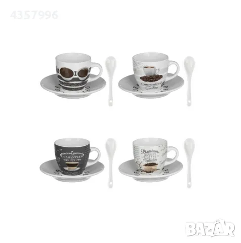 Комплект бели керамични чаши за кафе с различни дизайни, С чинийки и лъжички , снимка 1