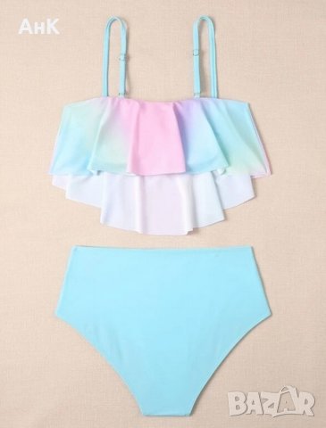 Светло син бански костюм , с цветно горнище, снимка 2 - Бански костюми - 36887530