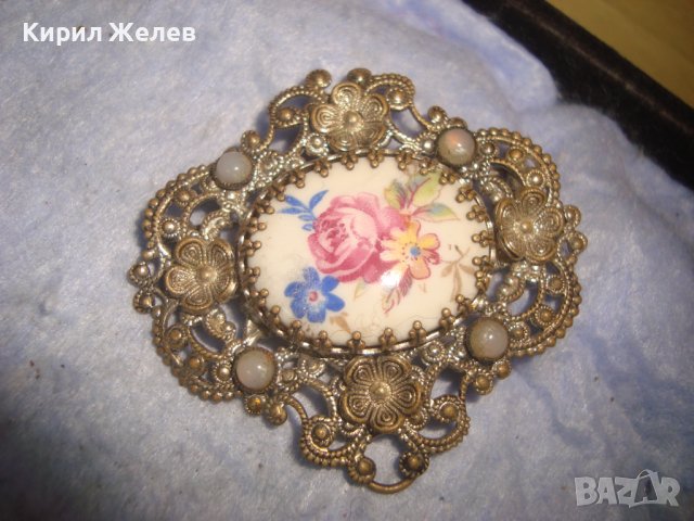 СТАРА ФИЛИГРАННА БРОНЗОВА СКЪПОЦЕННА ПРЕКРАСНА АР НУВО БРОШКА РИСУВАН ПОРЦЕЛАН 27913, снимка 7 - Антикварни и старинни предмети - 37127839