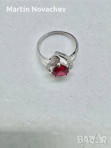 Сребърен пръстен със синтетичен рубин, снимка 7 - Пръстени - 53438219