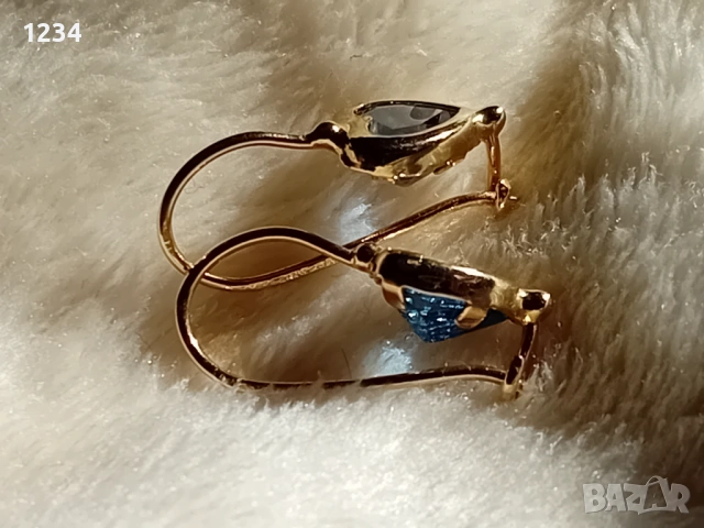 Златни обеци с аквамарини сърца, снимка 4 - Обеци - 53140212