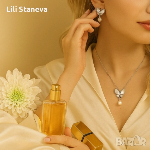 Стилен комплект бижута - Колие и обеци с пеперуди и перлен акцент. , снимка 2 - Колиета, медальони, синджири - 51467739