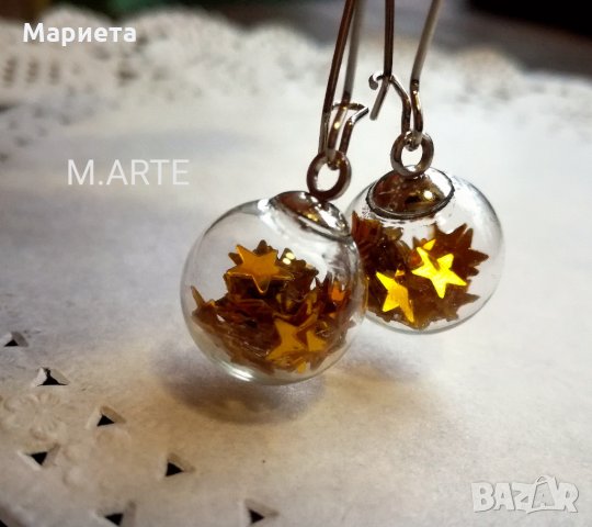 Стъклени обеци със златни звездички Обици Бижута Ръчна Изработка Звездички Стъклени Сфери Обици, снимка 3 - Обеци - 27206437