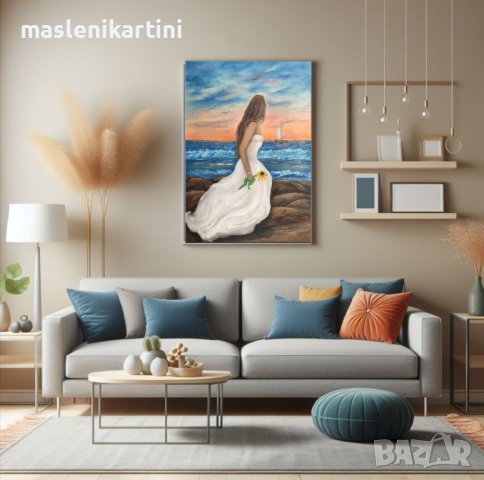Море и жена маслена картина , снимка 2 - Картини - 36210237