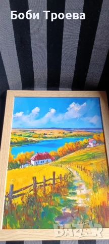 Есенно Селско Платно за Стена 30см.x 40см.- Живописен Есенен Пейзаж с Къща ,Златни Дървета , снимка 5 - Картини - 51974573