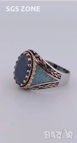 Сребърен мъжки пръстен от Тайланд със сапфири и опали, снимка 8 - Пръстени - 53073856