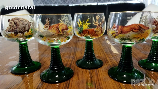 стари френски кристални чаши с ловни мотиви , снимка 8 - Антикварни и старинни предмети - 50587695
