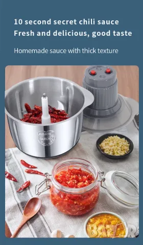 Супер цена! Нов кухненски чопър 3 литра, Неръждаема стомана, 2 скорости, 4 остриета, снимка 7 - Чопъри и пасатори - 50437282