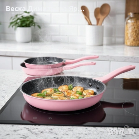Комплект тигани Cheffinger розово с мраморно покритие – 3 части за всяка кухня - розов цвят, снимка 8 - Съдове за готвене - 53162602