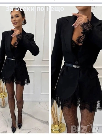 Елегантно Официално Вечерно Черно Дамско Сако С Дантела И Колан🔝Стилен Втален Блейзър Код Pink3