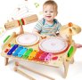 Дървена играчка Монтесори музикална маса  7 в 1 дървен Ксилофон Детски барабани , снимка 1