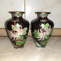 Cloisonne Клоазоне Чифт страхотни вази бронз клетъчен емайл, снимка 5 - Антикварни и старинни предмети - 43202709