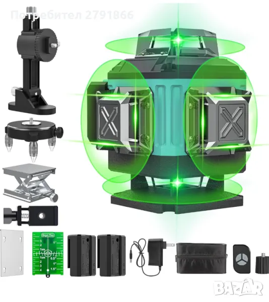 4x360° 4D зелен лазерен нивелир с кръстосана линия с 2 акумулаторни батерии, снимка 1