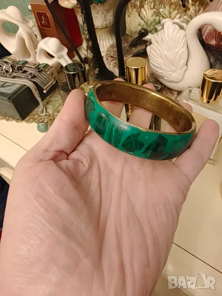 Масивна руска гривна месинг и естествен малахит, снимка 1