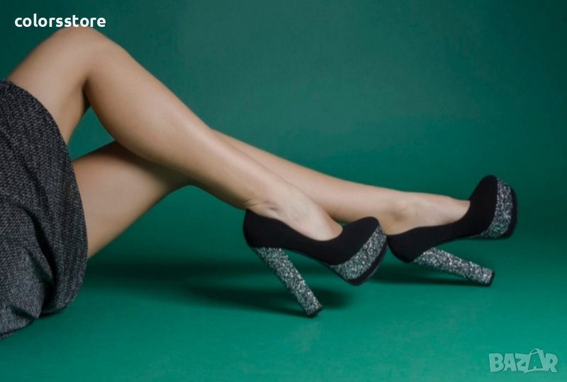 Обувки на ток - черно със сребристо - XKK66, снимка 1