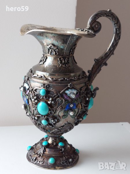 Стара Антикварна Сребърна кана за вода/сребро 925 проба,емайл,тюркуази/, снимка 1
